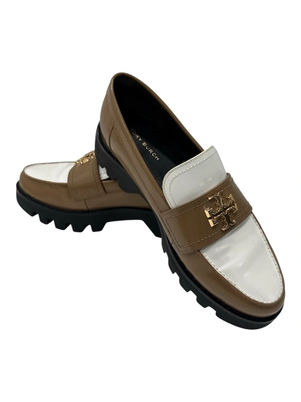 Tory Burch-Inspired White and Brown Lug Sole Loafers size 6 M